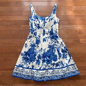 Jones Wear Blue and White Chinoiserie Print Fit and Flare Dress